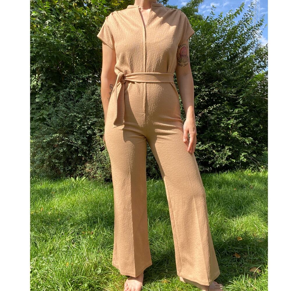 Size S-L//vintage 70s Brown Polyester Wide Leg Jumpsuit